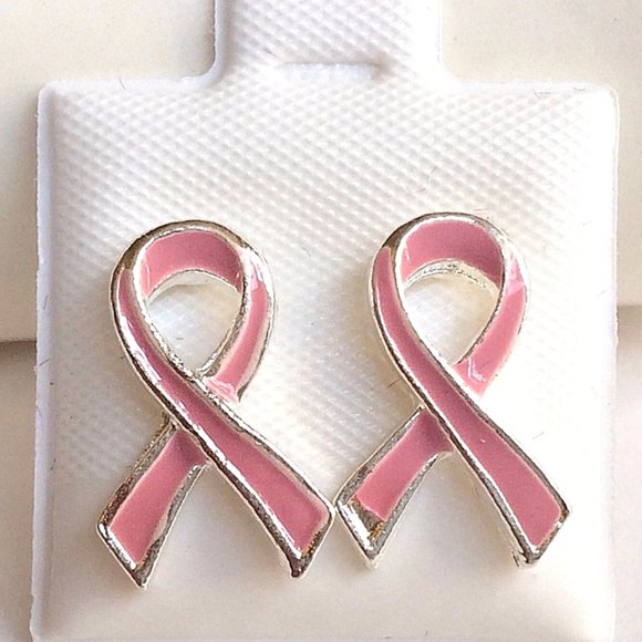 Pink Ribbon Earrings Breast Cancer Awareness Month Post Stud Silver Plated - Picture 2 of 6